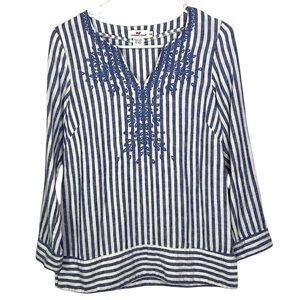 Vineyard Vines Blue White Striped Linen Embroidered Tunic Blouse XXS